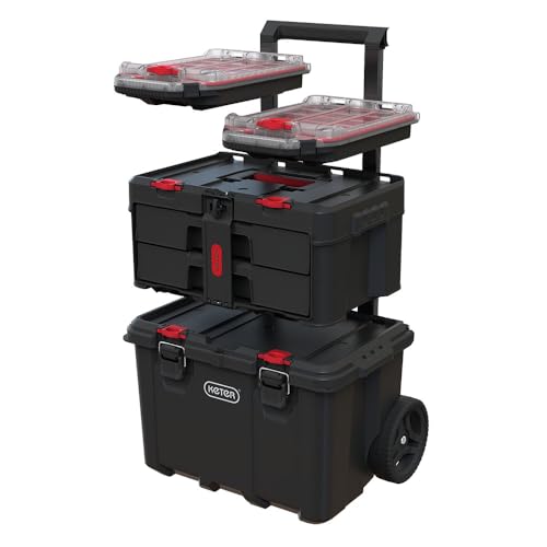 Keter Stack-n-Roll Modular Tools Organizer for Garage Storage and DIY, 3 Piece Resin Rolling Tool Box System for Small Parts