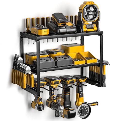 Power Tool Organizer for Tool Storage, Drill Holder Wall Mount with Charging Station, Tool Holder and Storage Rack for Garage Organization, Heavy Duty Metal Tool Shelf with Battery Holder