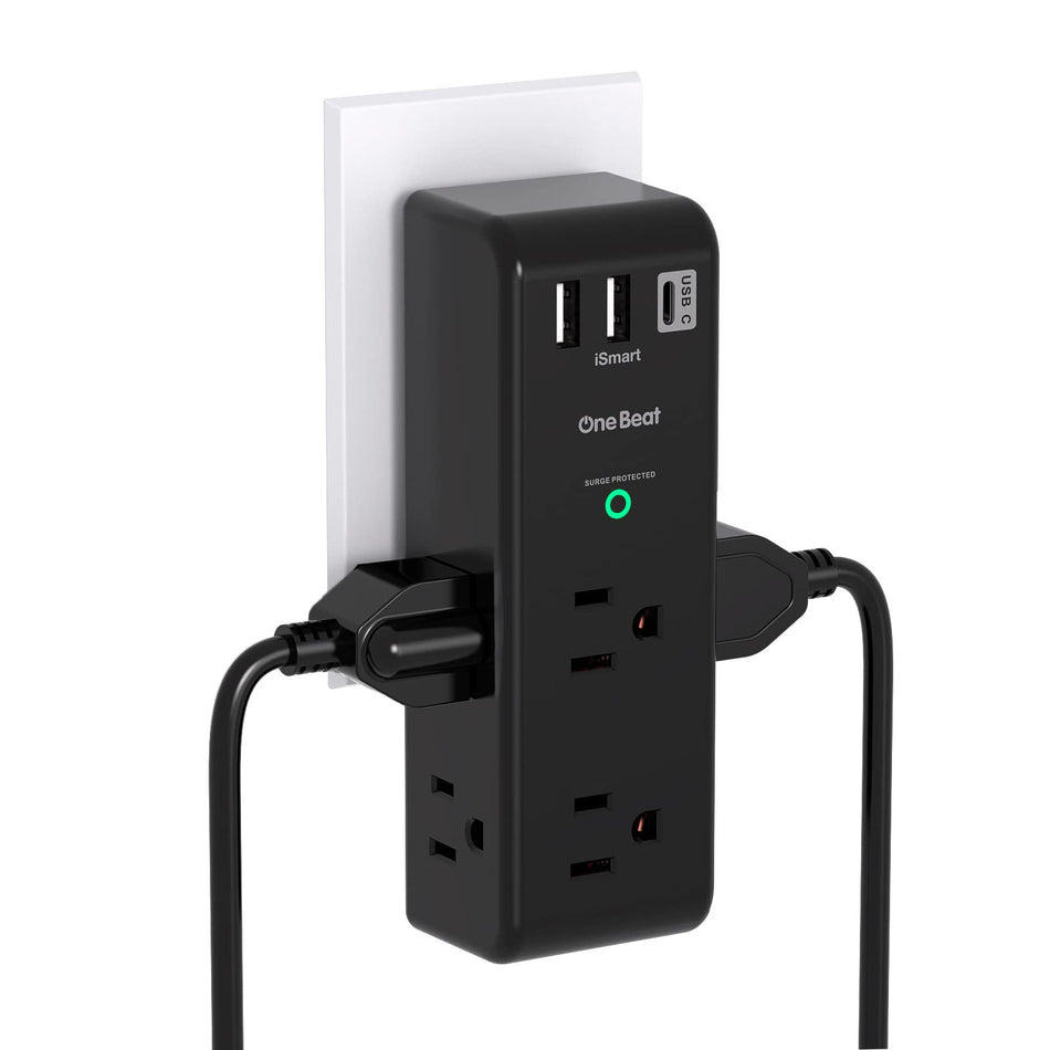 Surge Protector Outlet Extender with Rotating Plug - One Beat 6 AC Multi Plug Outlet with 3 USB Ports (1 USB C), 1800J Wall Charger, 3-Sided Power Strip Spaced Outlet Splitter for Home Office Travel