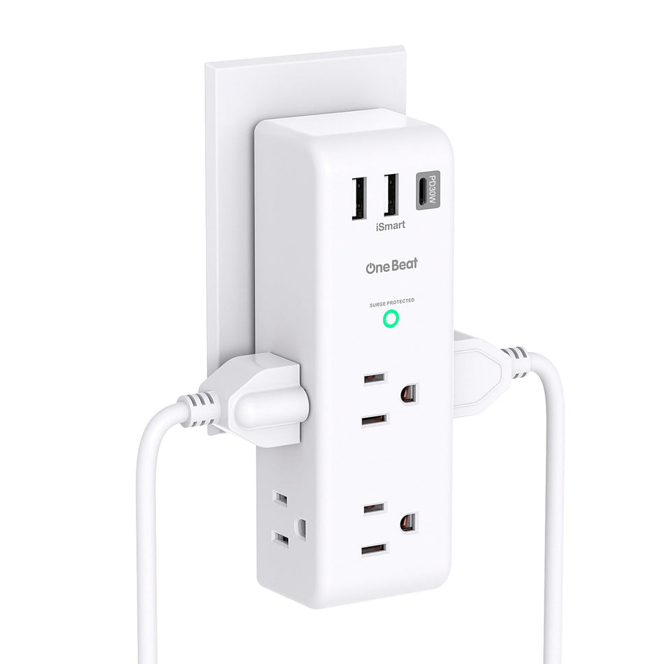 Surge Protector Outlet Extender with Rotating Plug - One Beat 6 AC Multi Plug Outlet with 3 USB Ports (1 USB C), 1800J Wall Charger, 3-Sided Power Strip Spaced Outlet Splitter for Home Office Travel