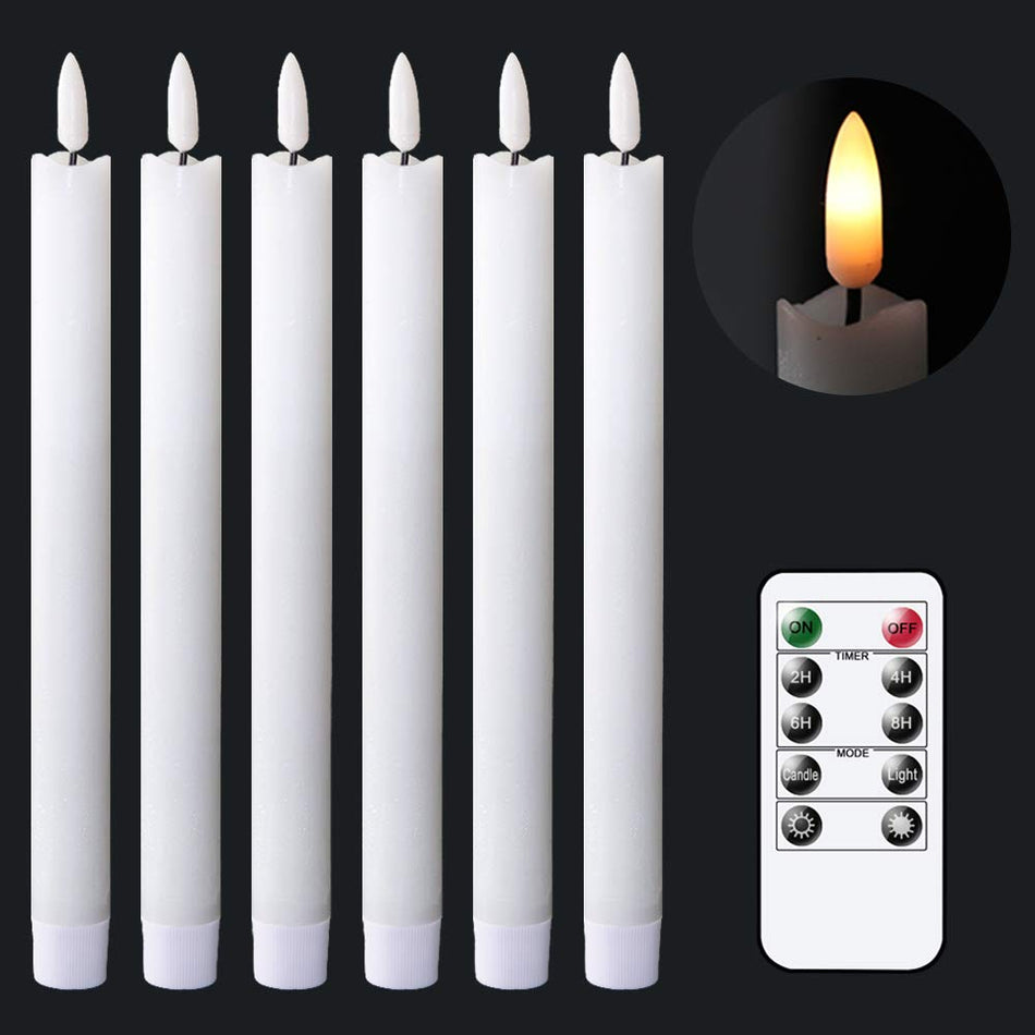 GenSwin Flameless Ivory Taper Candles Flickering with 10-Key Remote, Battery Operated Led Warm 3D Wick Light Window Candles Real Wax Pack of 6, Christmas Home Wedding Decor(0.78 X 9.64 Inch)