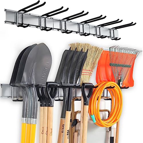Wall Mount Tool Storage Rack, Heavy Duty Garage Storage Tool Organizer, Garden Tool Wall Hooks and Hangers, Hold Up to 350lbs Black
