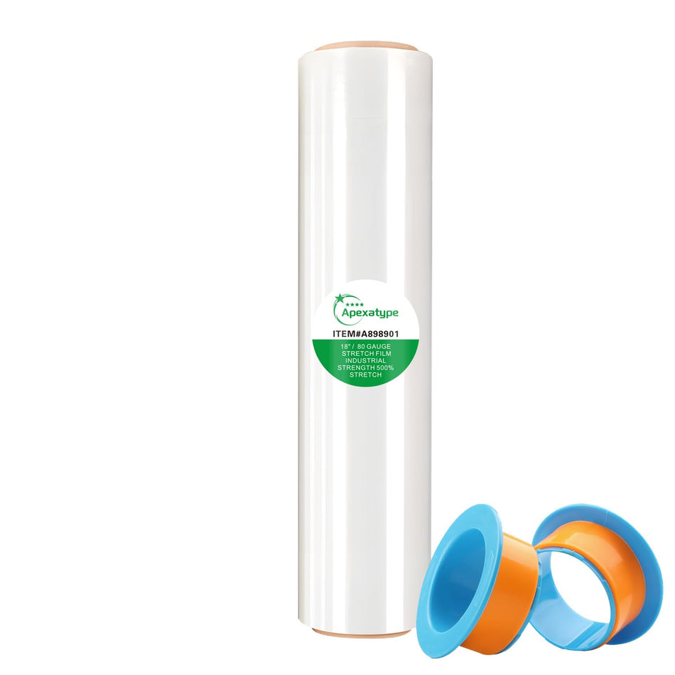 18" x 1500' Plastic Shrink Wrap Roll - 80 Gauge, 500% Stretch Industrial Strength Moving Wrap, Heavy Duty Pallet & Furniture Protection - 4 Roll Bundle Stretch Wrap with Handles
