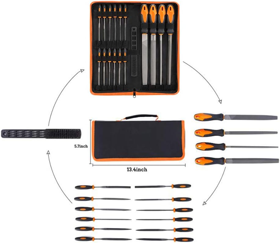 17Pcs File Tool Set with Carry Case,Premium Grade T12 Drop Forged Alloy Steel, Precision Flat/Triangle/Half-round/Round Large File and 12pcs Needle Files/1 brush