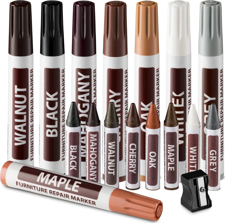 RamPro Furniture Markers Touch up 17 Piece Furniture and Wood Floor Markers and Crayons Repair Kit - 8 Felt Tip Wood Markers 8 Wax Crayons in Black Maple Oak Cherry Walnut and Mahogany