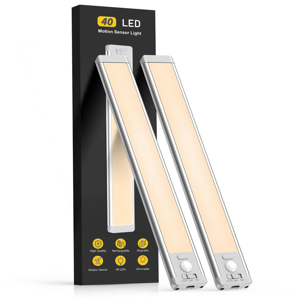 10inch Under Cabinet Lighting, 2 Pack Rechargeable Motion Sensor Light Indoor, 5 Levels Dimmable Magnetic Closet Lights, Wireless Under Counter Lights for Kitchen, Stairs