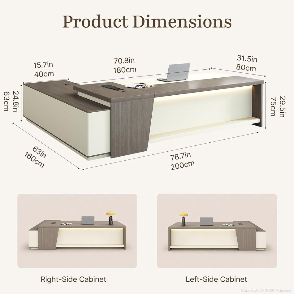 79" Executive L-Shaped Desk, 2" Top, LED, Power, Left Return