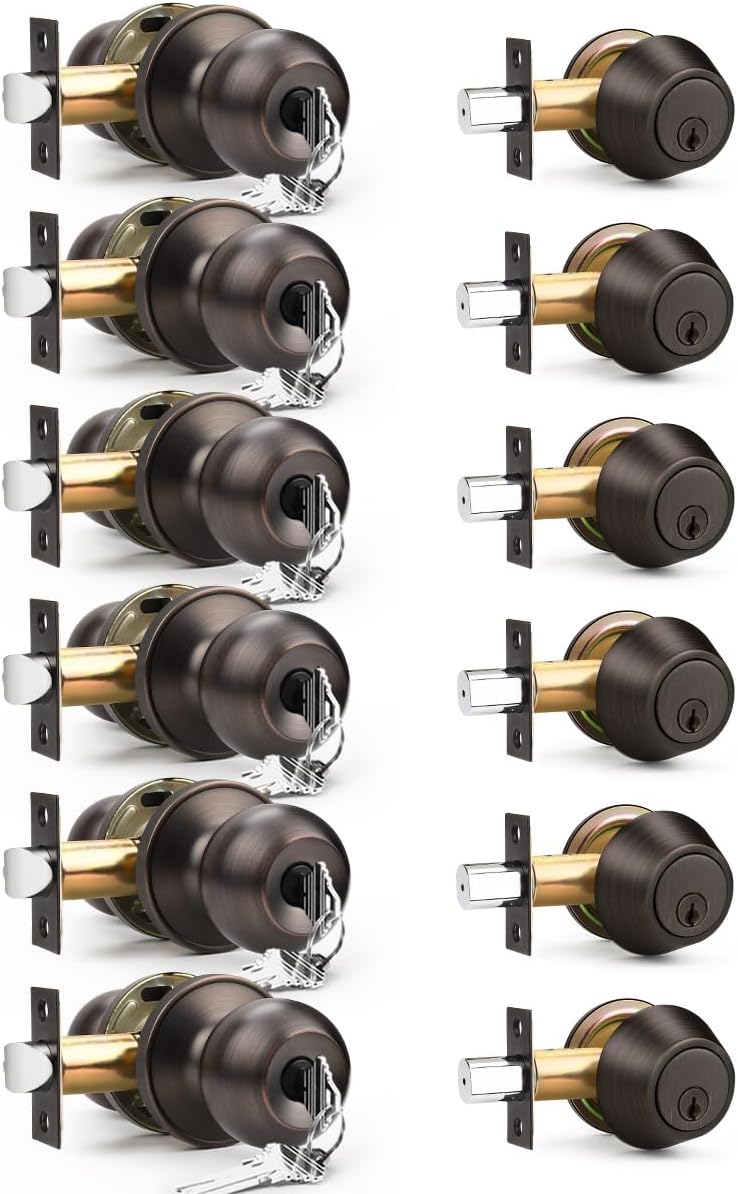 6 Pack Entry Door Locksets with Single Cylinder Deadbolt, Oil Rubbed Bronze Exterior Door Lock Set with Same Key, Front Roound Door Knob and Deadbolt Set