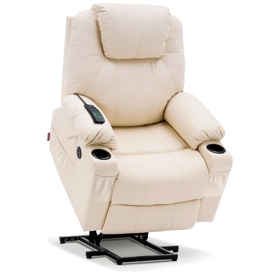 MCombo Electric Power Lift Recliner Chair Sofa with Massage and Heat for Elderly, 3 Positions, 2 Side Pockets, and Cup Holders, USB Ports, Faux Leather 7040 (Light Brown, Medium)