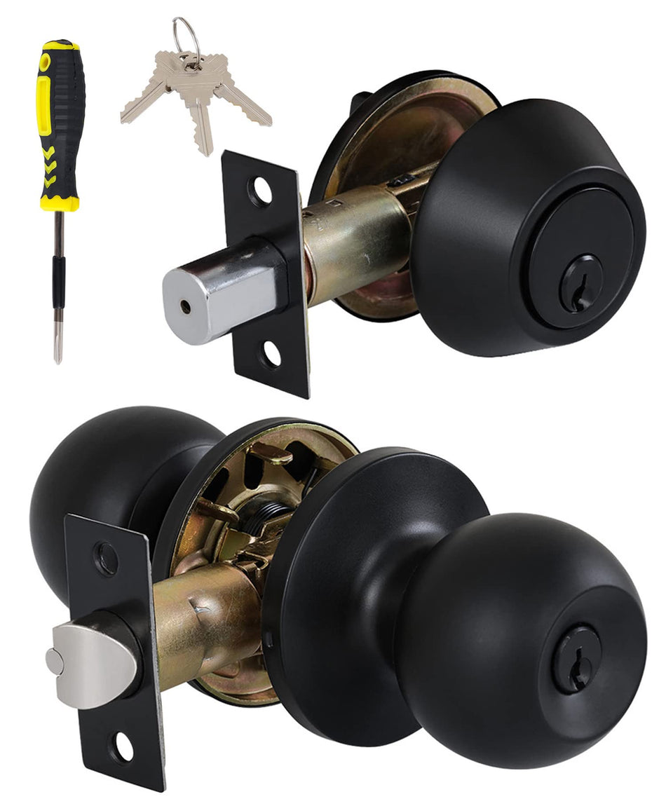Lanwandeng 2 Sets All Keyed Same Entry Door Knob and Single Cylinder Deadbolt Combo Set, Round Ball Satin Nickel Exterior Door Knobs with Lock and Keys for Entrance and Front Door