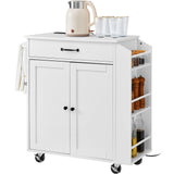 VEVOR Kitchen Island Cart with Solid Wood Top, 35.4" Width Mobile Carts with Storage Cabinet, Rolling Kitchen Table with Spice Rack, Towel Rack, and Drawer, Portable Islands on Wheels, White