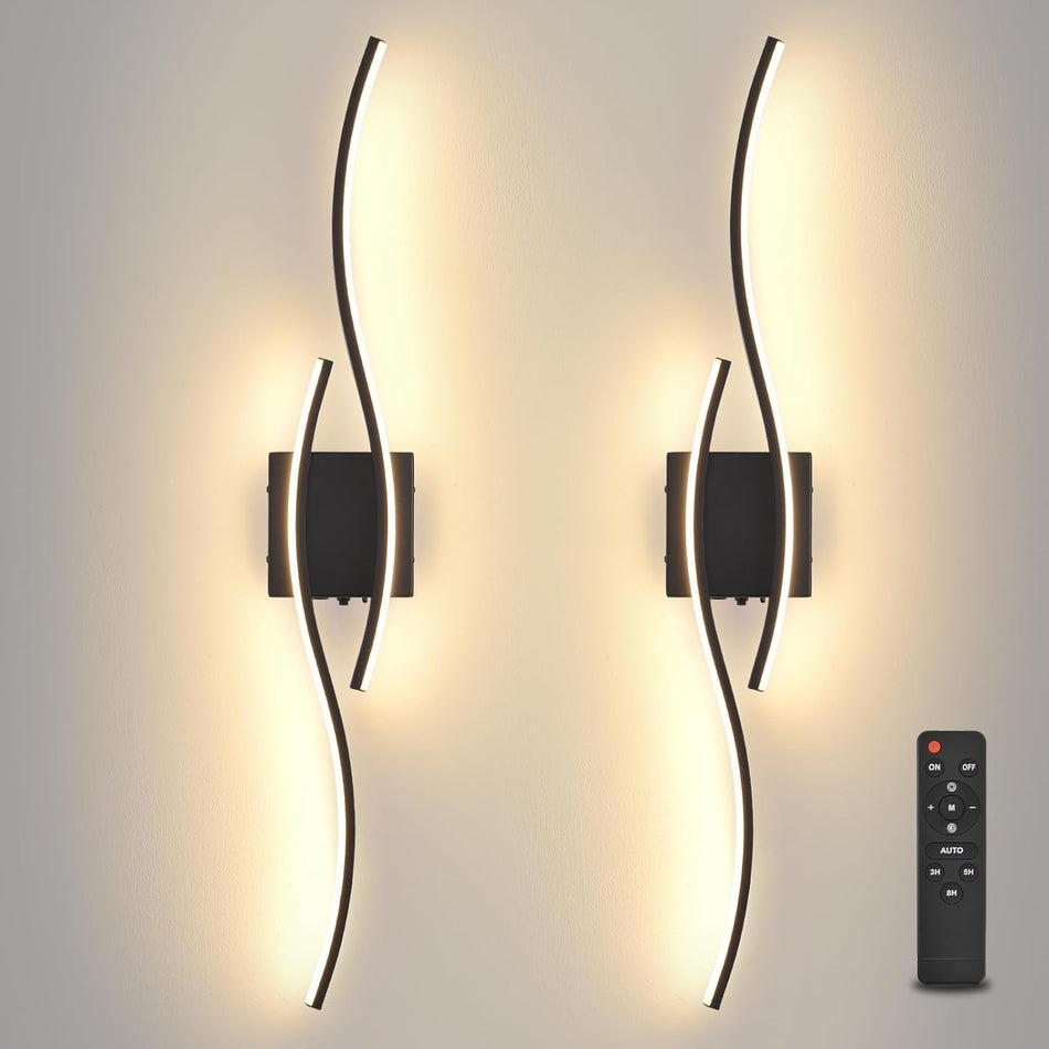 Battery Operated Wall Sconces Set of Two, Black 31.4" 3 Color LED dimmable Wireless Wall Sconce with Remote Control, USB Rechargeable Wall Lights for Living Room Bedroom Hallway Background