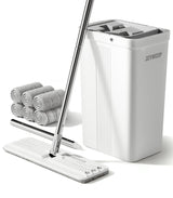 JOYMOOP Flat Mop System, Microfiber Mop and Bucket Set, White, Commercial & Household Use, Hardwood Floor & Wall Cleaning Mop with Long Handle, 4 Microfiber Pads