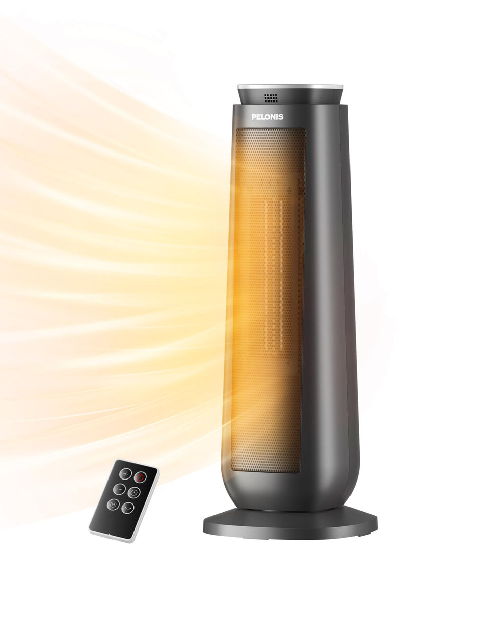 PELONIS PTH15A4BGB Ceramic Tower 1500W Indoor Space Heater with Oscillation, Remote Control, Programmable Thermostat & 8H Timer, ECO Mode, Tip-Over Switch & Overheating Protection.Grey