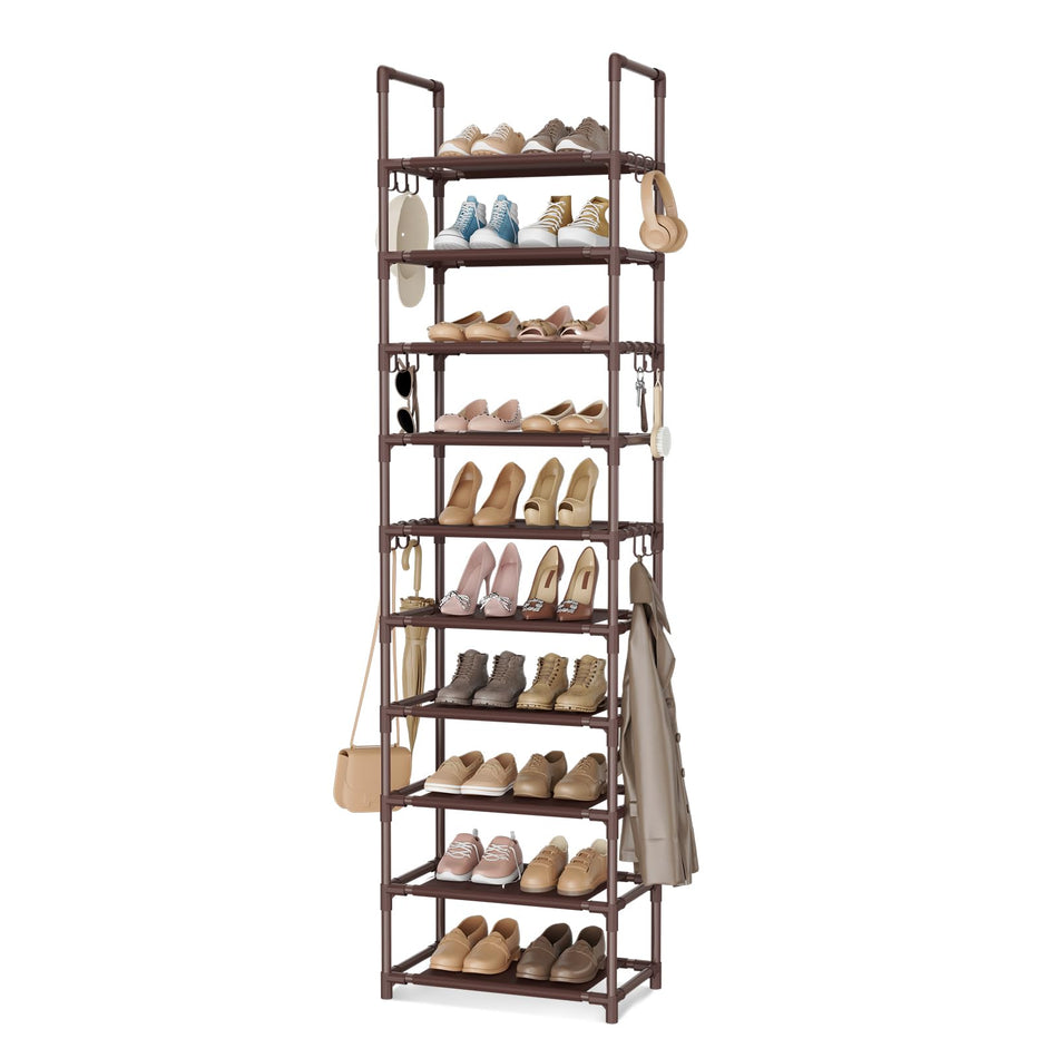 VTRIN 10 Tier Shoe Rack Tall Large Capacity 50 Pair Wide Shoe Organizer with Two Hooks Sturdy Metal Shoe Shelf for Entryway, Closet, Bedroom