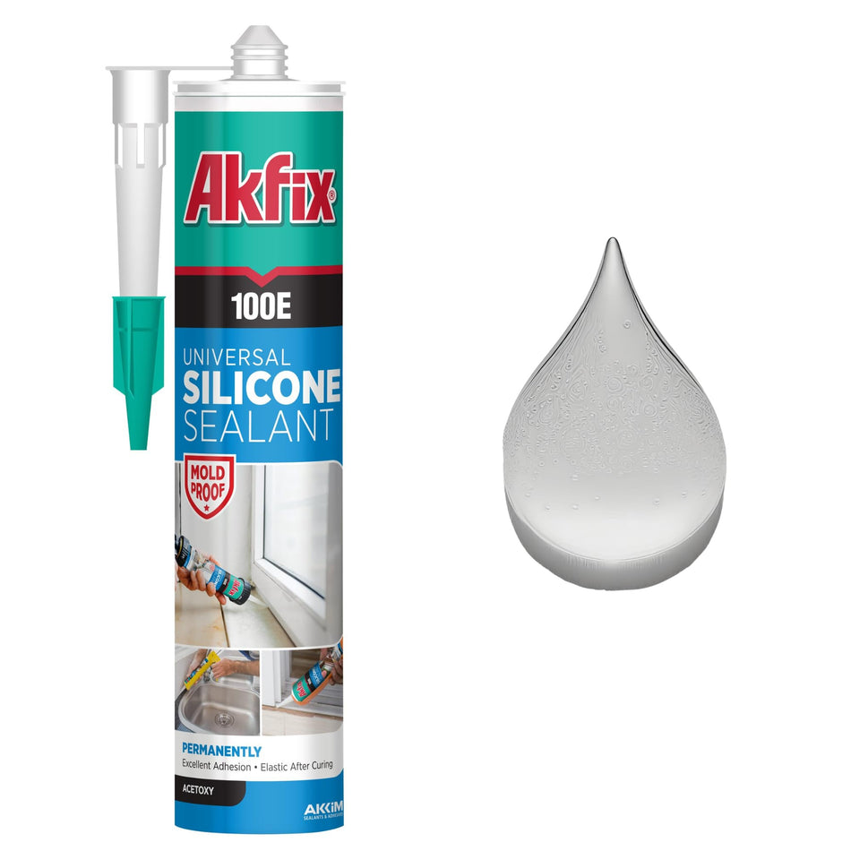 Akfix 100E RTV Clear Silicone Caulk (48x10.1 fl.oz.) - 100% Waterproof Silicone Sealant for Kitchen and Bathroom, Shower, Toilet, Sink, Window and Door, No Yellowing | Clear, 48 Pack