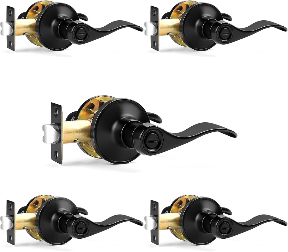 Probrico Wave Style Privacy Door Handles Interior Black Door Lever Lock Keyless Door Lockset for Bedroom and Bathroom Reversible Door Handle Knob for Left and Right Handed Doors, 5 Pack