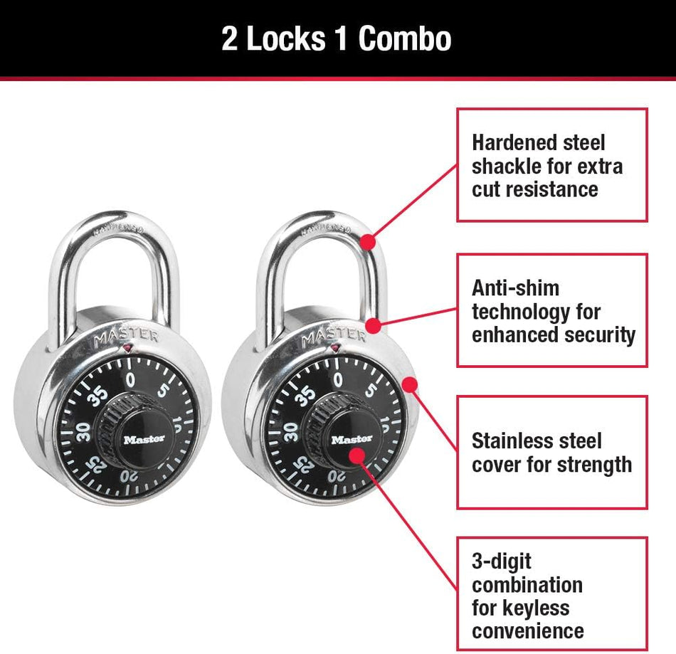 Master Lock Combination Padlock Black School Lock, Indoor Lock 2-Pack 1500T