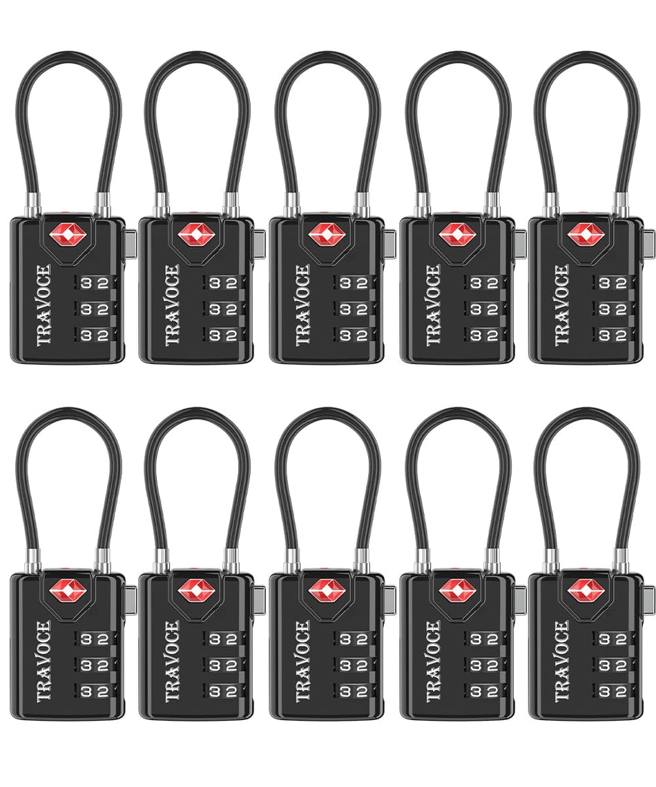 TRAVOCE TSA Approved Luggage Locks, Combination Cable Locks, 4 Pack, Black