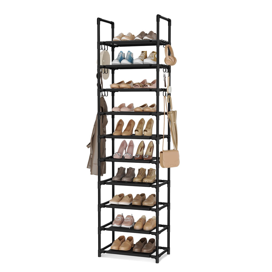 VTRIN 10 Tier Shoe Rack Tall Large Capacity 50 Pair Wide Shoe Organizer with Two Hooks Sturdy Metal Shoe Shelf for Entryway, Closet, Bedroom