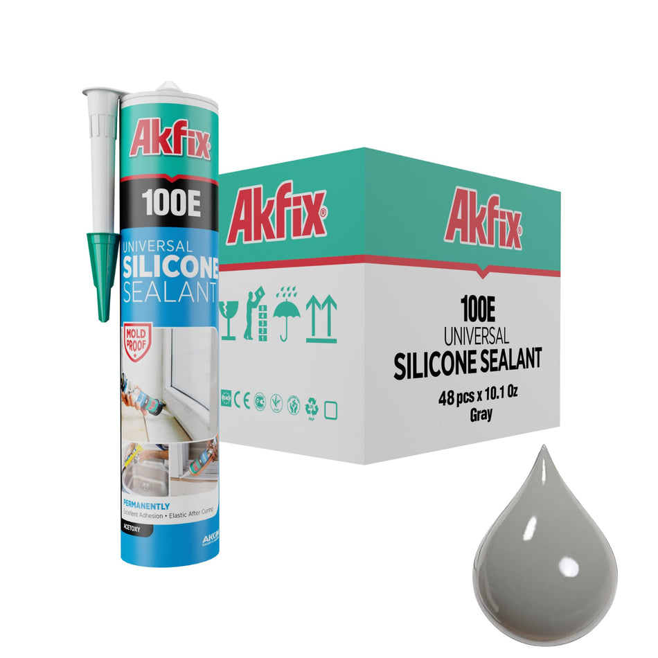Akfix 100E RTV Clear Silicone Caulk (48x10.1 fl.oz.) - 100% Waterproof Silicone Sealant for Kitchen and Bathroom, Shower, Toilet, Sink, Window and Door, No Yellowing | Clear, 48 Pack