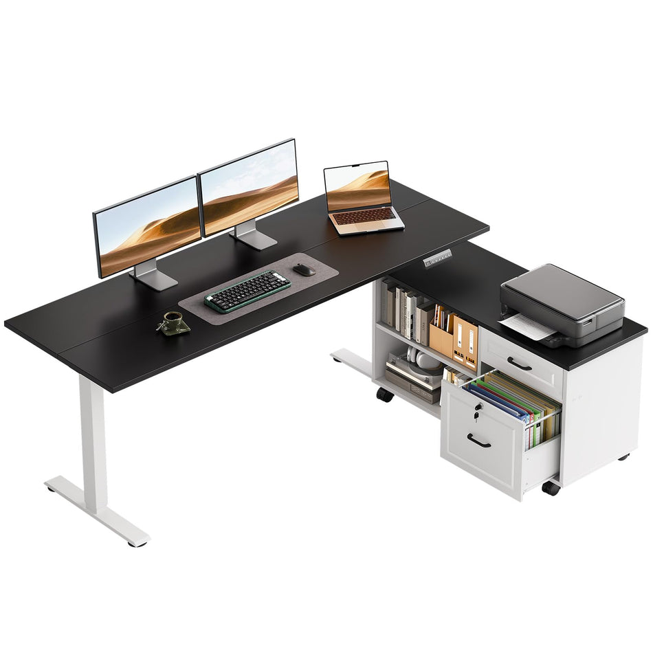 OffiGo 55" L Shaped Electric Standing Desk with Cabinet Sets, Walnut/Black
