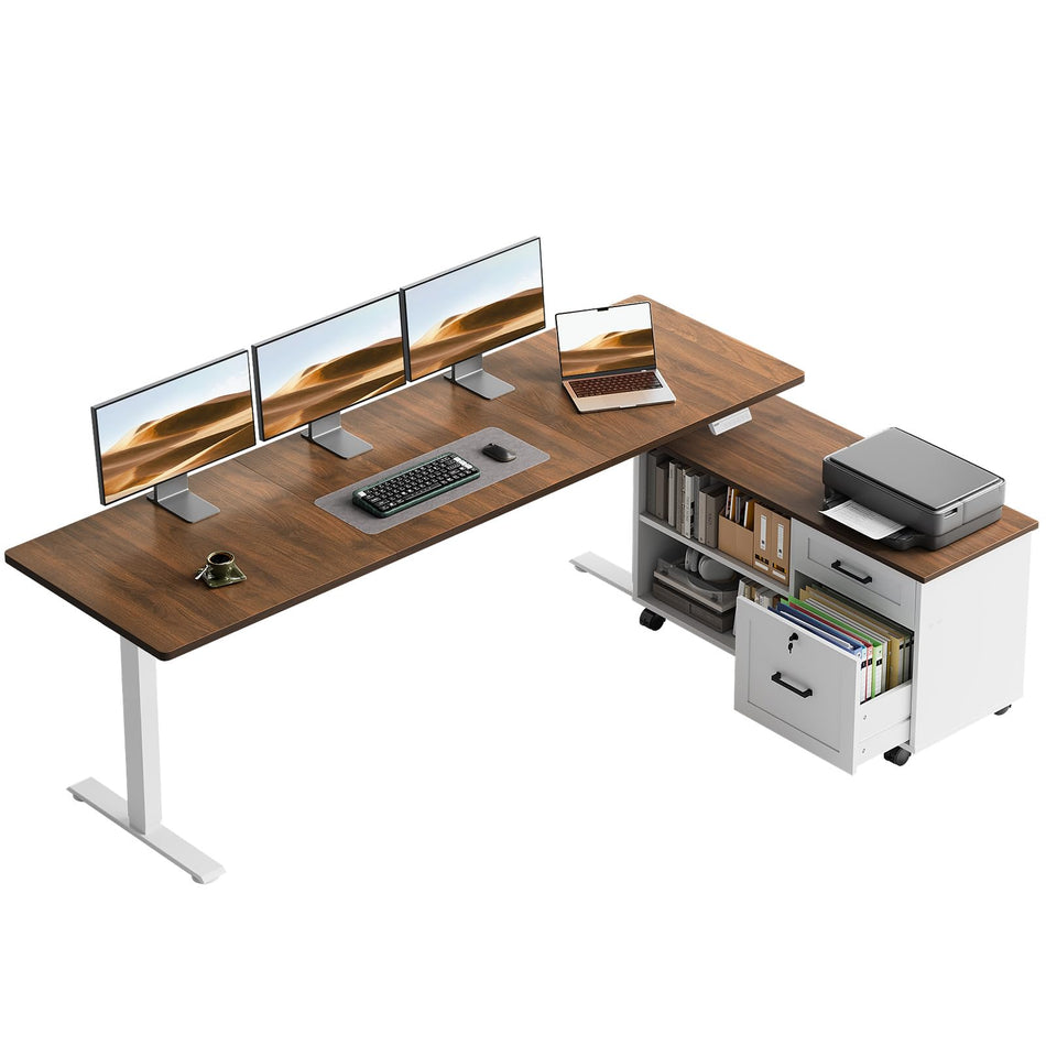 OffiGo 55" L Shaped Electric Standing Desk with Cabinet Sets, Walnut/Black