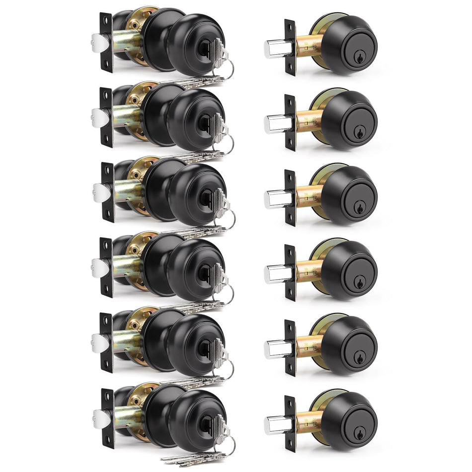 6 Pack Entry Door Locksets with Single Cylinder Deadbolt, Oil Rubbed Bronze Exterior Door Lock Set with Same Key, Front Roound Door Knob and Deadbolt Set