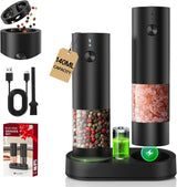 CIRCLE JOY Electric Salt and Pepper Grinder Set with Charging Base, Rechargeable Automatic Pepper Mill, Adjustable Coarseness, LED Light, 140ml Large Capacity