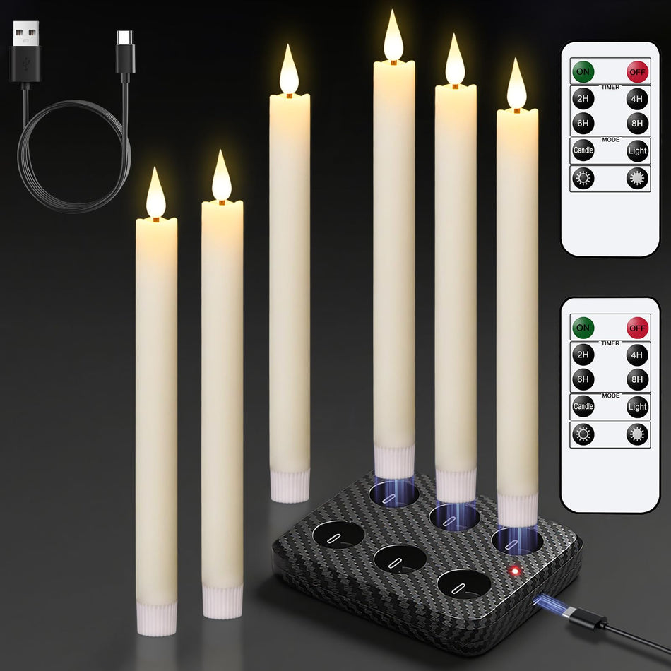 GenSwin Flameless Ivory Taper Candles Flickering with 10-Key Remote, Battery Operated Led Warm 3D Wick Light Window Candles Real Wax Pack of 6, Christmas Home Wedding Decor(0.78 X 9.64 Inch)