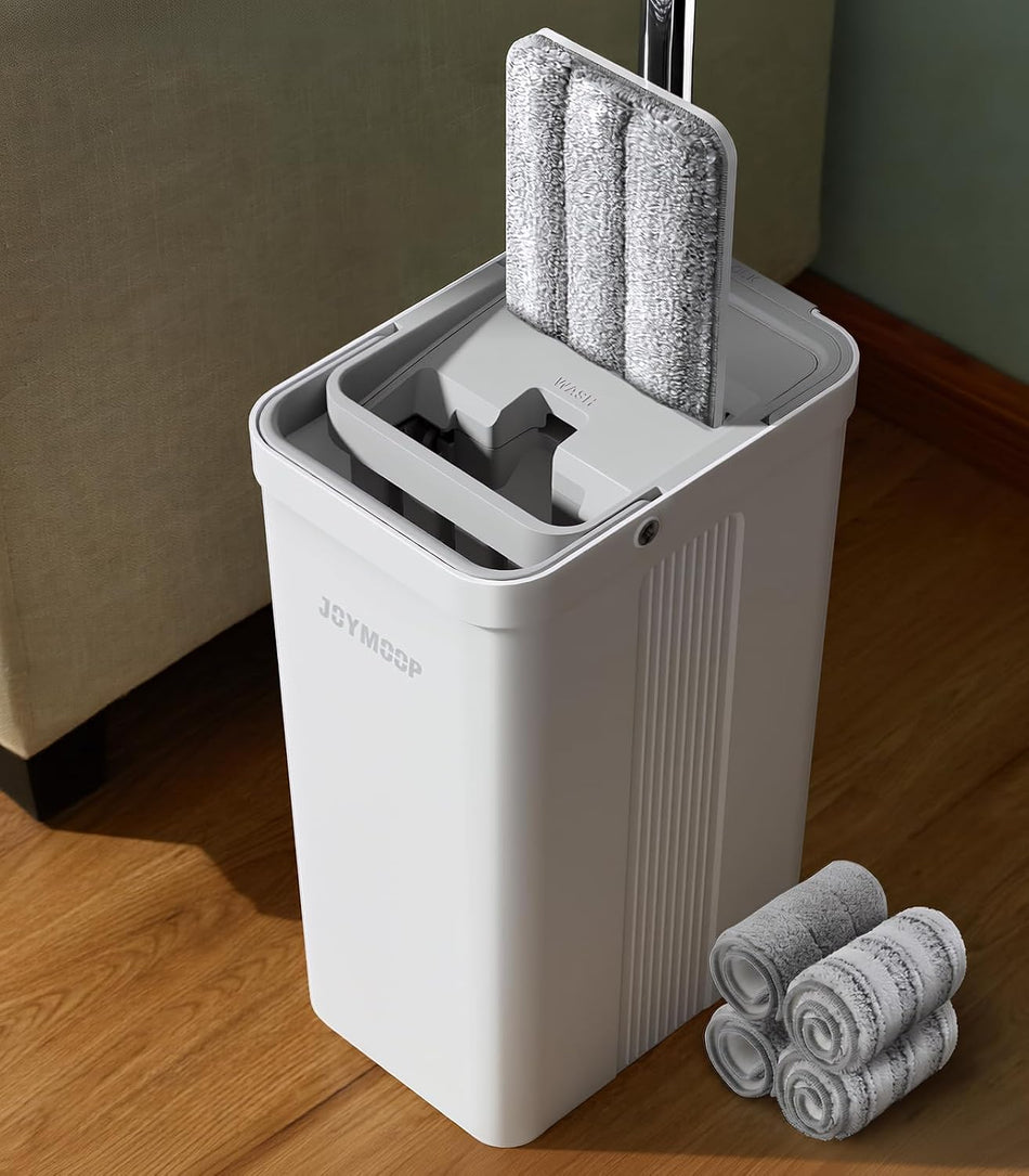 JOYMOOP Flat Mop System, Microfiber Mop and Bucket Set, White, Commercial & Household Use, Hardwood Floor & Wall Cleaning Mop with Long Handle, 4 Microfiber Pads