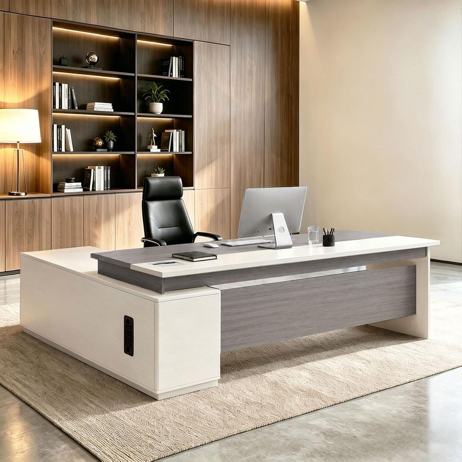 L Shaped Executive Desk with Drawers, Large Wood Workstation, Modern Executive Office Furniture for Home Office and Business Workspace, Multiple Sizes & Colors