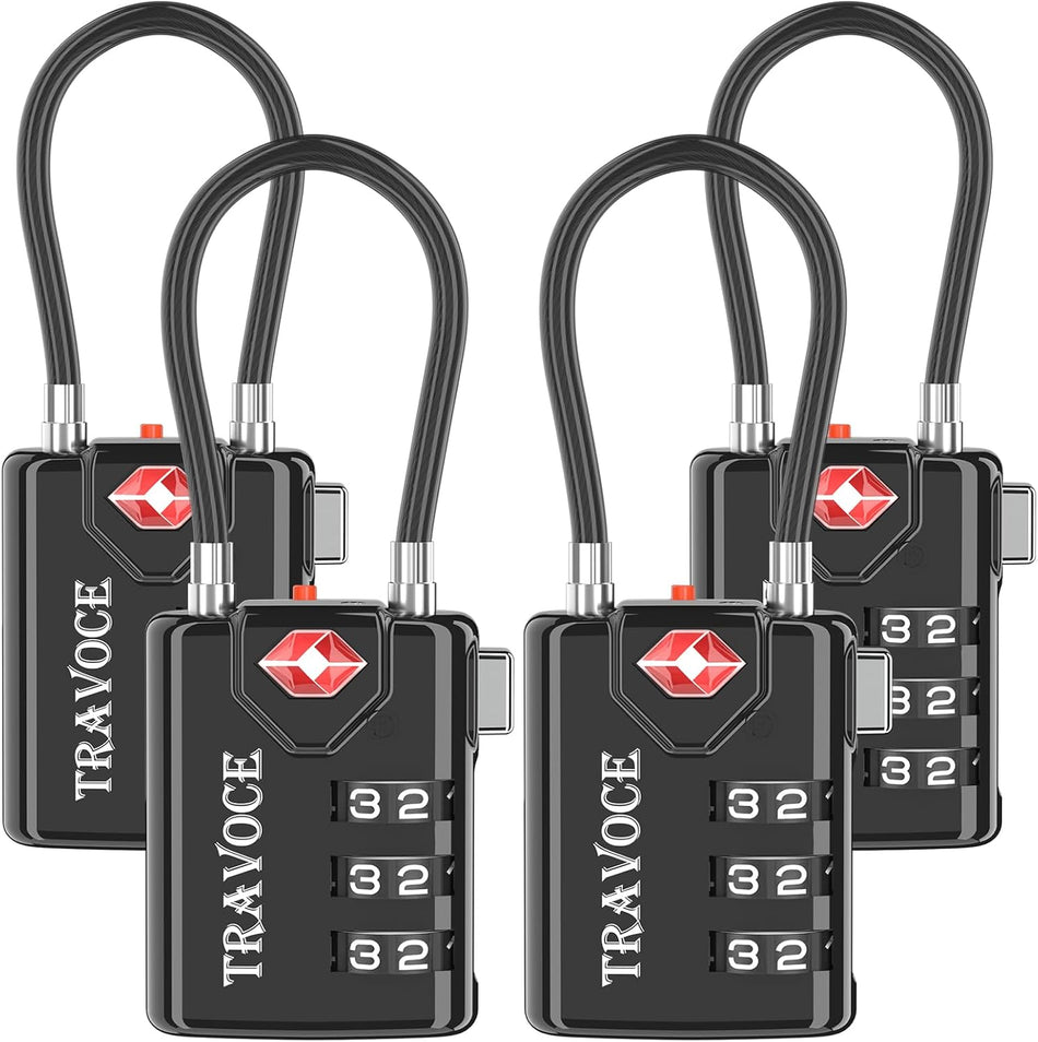 TRAVOCE TSA Approved Luggage Locks, Combination Cable Locks, 4 Pack, Black