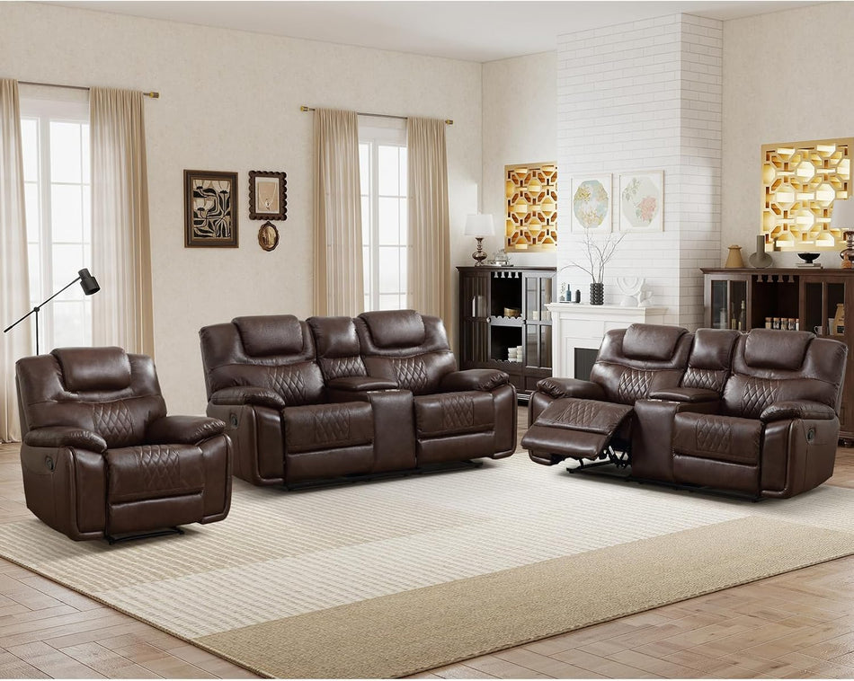 ANJ 3-Piece Manual Reclining Sofa Set, Premium Genuine Leather Reclining Sofas, Include Single Recliner Chair & 2 Loveseat Reclining Couch with Hidden Storage and Cup Holders, Dark Brown
