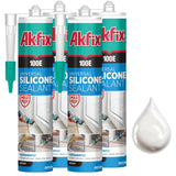 Akfix 100E RTV Clear Silicone Caulk (48x10.1 fl.oz.) - 100% Waterproof Silicone Sealant for Kitchen and Bathroom, Shower, Toilet, Sink, Window and Door, No Yellowing | Clear, 48 Pack