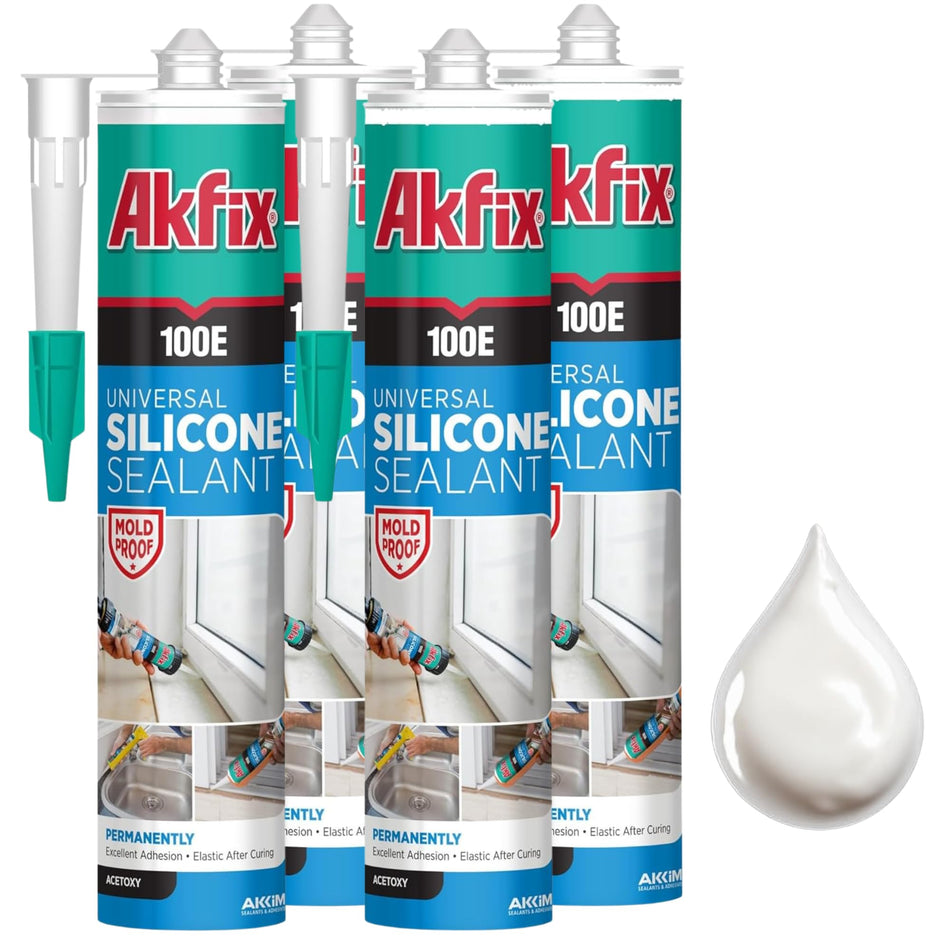 Akfix 100E RTV Clear Silicone Caulk (48x10.1 fl.oz.) - 100% Waterproof Silicone Sealant for Kitchen and Bathroom, Shower, Toilet, Sink, Window and Door, No Yellowing | Clear, 48 Pack
