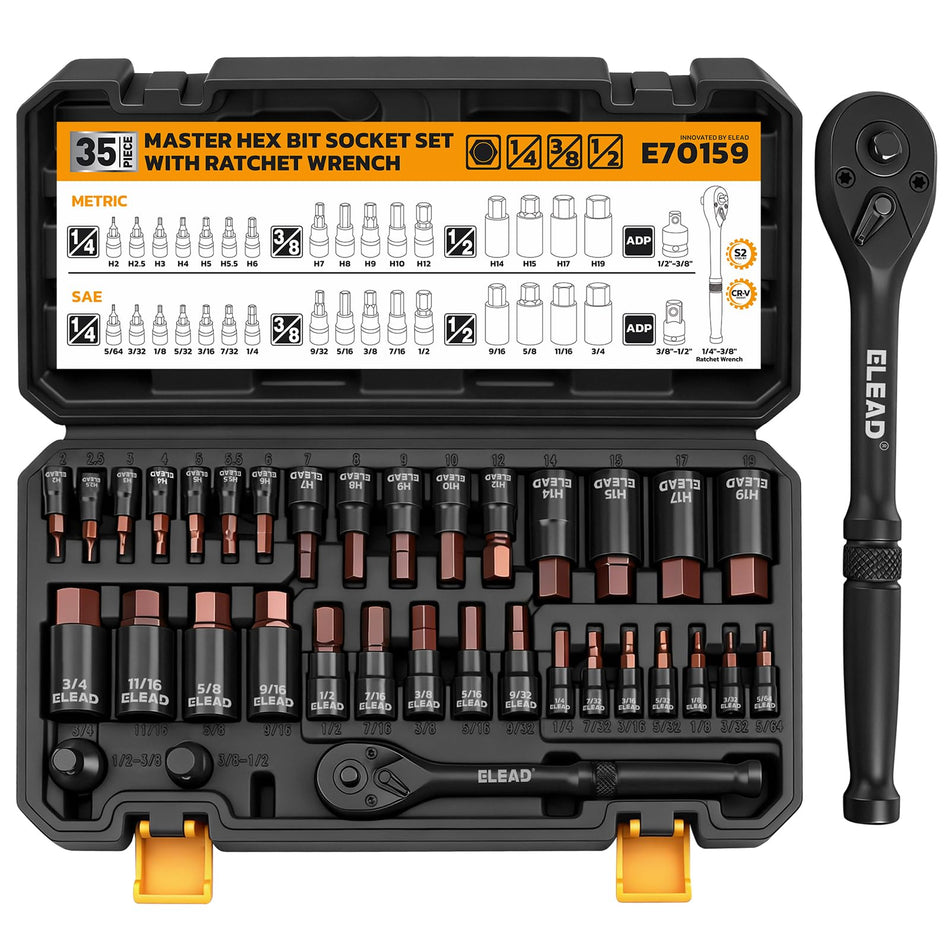 ELEAD 148-Piece Mechanics Tool Set, SAE/Metric 1/4" & 3/8" Drive Socket Set, Magnetic Nut Drivers, Ratcheting Wrenches, Extensions & Adapters, Quick-Release Ratchet, Mechanics Tool for Car Repair