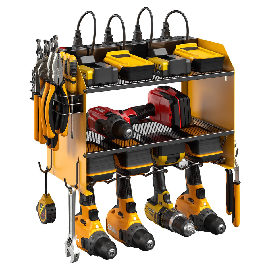 CCCEI Modular Power Tool Organizer Wall Mount with Charging Station. Garage 4 Drill Storage Shelf with Hooks, Screwdriver, Drill Bit Heavy Duty Rack, Tool Battery Holder Built in 8 Outlet Power Strip.