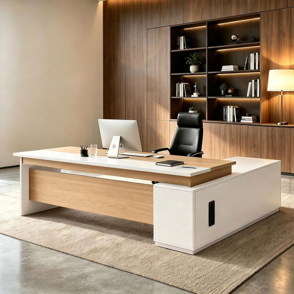 L Shaped Executive Desk with Drawers, Large Wood Workstation, Modern Executive Office Furniture for Home Office and Business Workspace, Multiple Sizes & Colors
