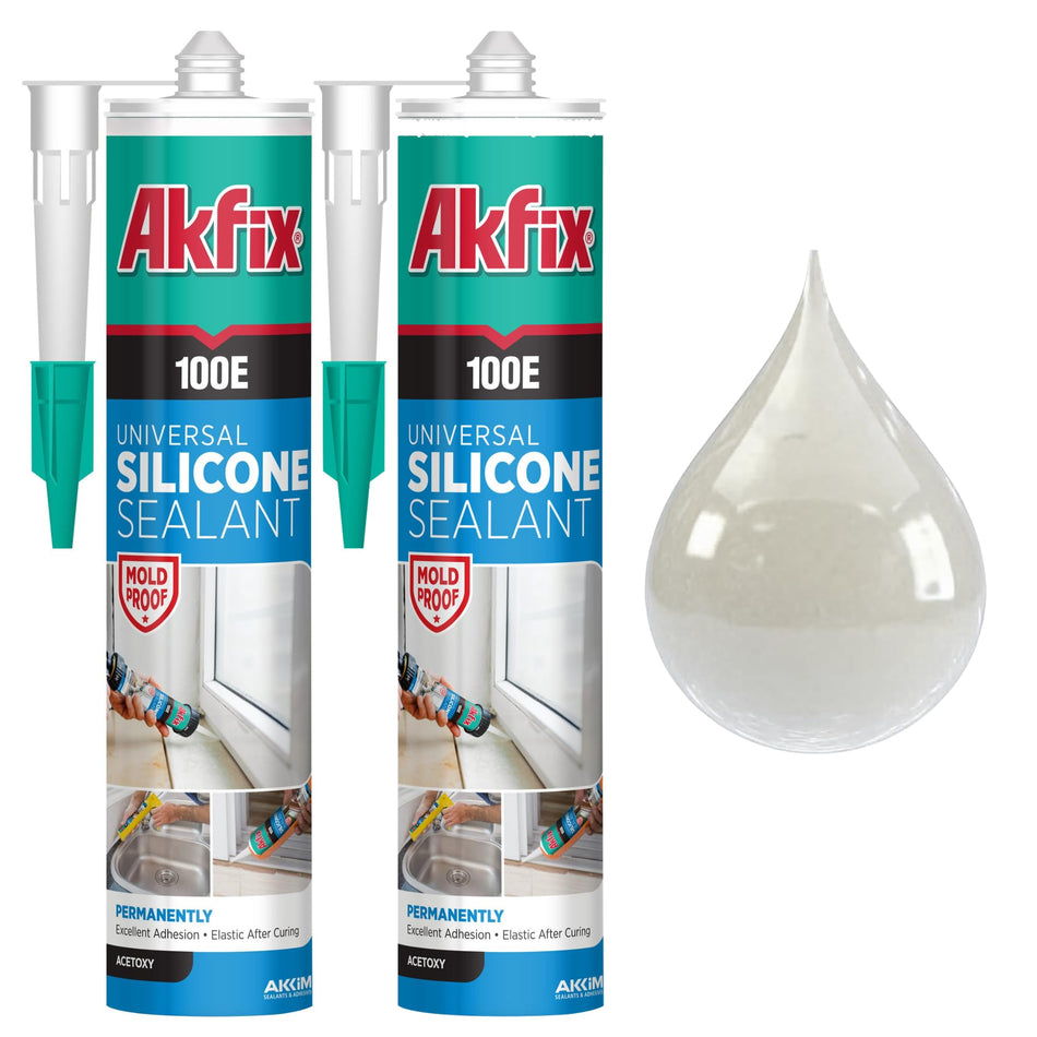 Akfix 100E RTV Clear Silicone Caulk (48x10.1 fl.oz.) - 100% Waterproof Silicone Sealant for Kitchen and Bathroom, Shower, Toilet, Sink, Window and Door, No Yellowing | Clear, 48 Pack