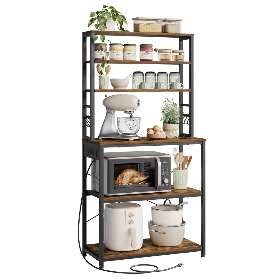 VASAGLE Coffee Bar, 31.5 Inches Baker's Rack for Kitchen with Storage, 6-Tier Kitchen Shelves with 6 Hooks, Microwave Stand, Industrial, Rustic Brown and Black UKKS019B01