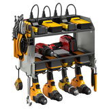 CCCEI Modular Power Tool Organizer Wall Mount with Charging Station. Garage 4 Drill Storage Shelf with Hooks, Screwdriver, Drill Bit Heavy Duty Rack, Tool Battery Holder Built in 8 Outlet Power Strip.