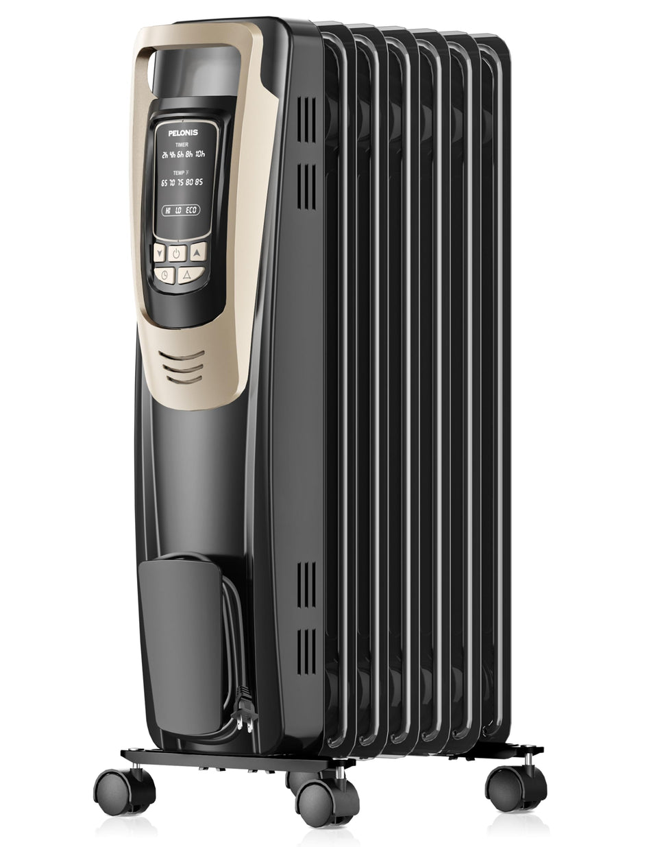 PELONIS Oil Filled Radiator Heater for Indoor Use Large Room with Remote, Electric Space Heater with Thermostat, Energy Efficient with ECO Mode, 24H Timer, Quiet, Overheat & Tip-Over Protection, 1500W