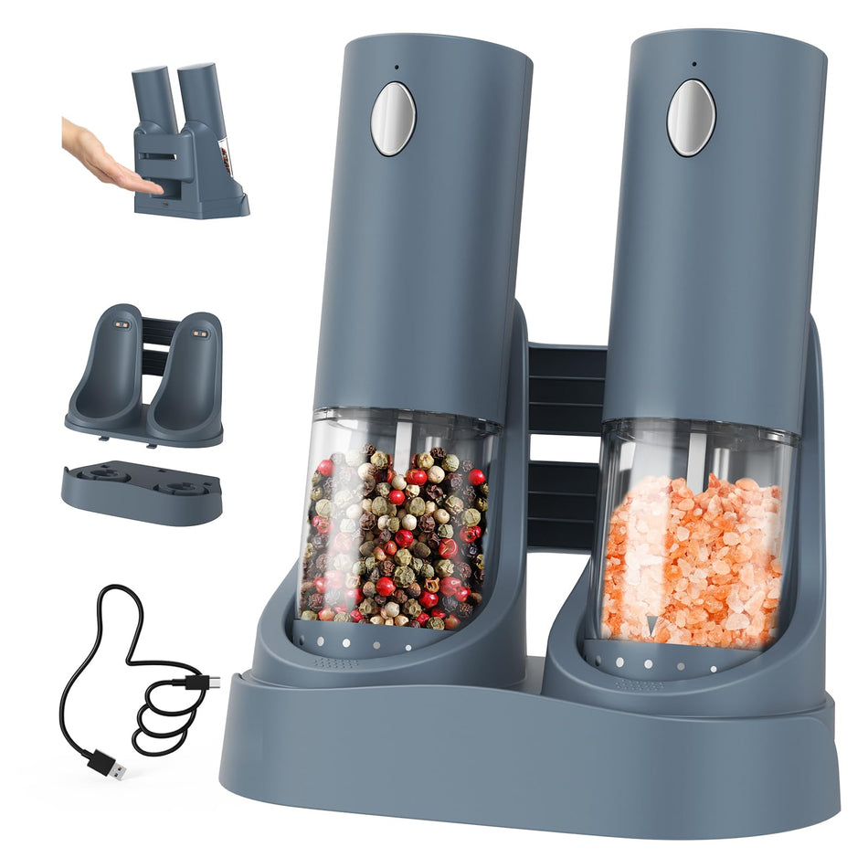 CIRCLE JOY Electric Salt and Pepper Grinder Set with Charging Base, Rechargeable Automatic Pepper Mill, Adjustable Coarseness, LED Light, 140ml Large Capacity