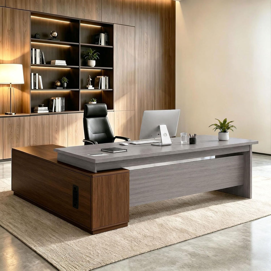 L Shaped Executive Desk with Drawers, Large Wood Workstation, Modern Executive Office Furniture for Home Office and Business Workspace, Multiple Sizes & Colors