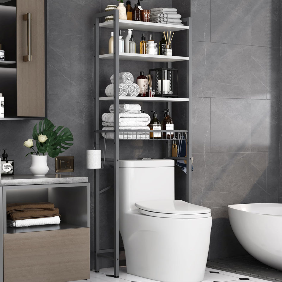 Over-The-Toilet Storage Rack, 4-Tier Bathroom Organizer Shelf Over Toilet with Adjustable Shelf and Basket, Freestanding Space Saver Bathroom Shelves Above Toilet for Room (Vintage Brown)
