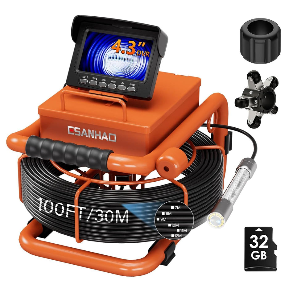 Sewer Camera 100FT/30M Pipe Inspection Borescope Endoscope Camera with Light 12 LEDs 4.3" IPS Screen 22MM Plumbing Snake 8500Mah Battery (30M NO DVR Function)