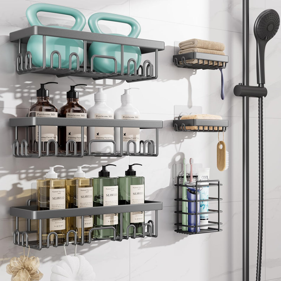 Veken Rustproof & Waterproof Shower Caddy 6-Pack, No Drilling Adhesive Shelves Rack with Soap Holder, Large Capacity Bathroom Organizers and Storage, Wall-Mounted Kitchen & Home Decor