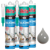 Akfix 100E RTV Clear Silicone Caulk (48x10.1 fl.oz.) - 100% Waterproof Silicone Sealant for Kitchen and Bathroom, Shower, Toilet, Sink, Window and Door, No Yellowing | Clear, 48 Pack