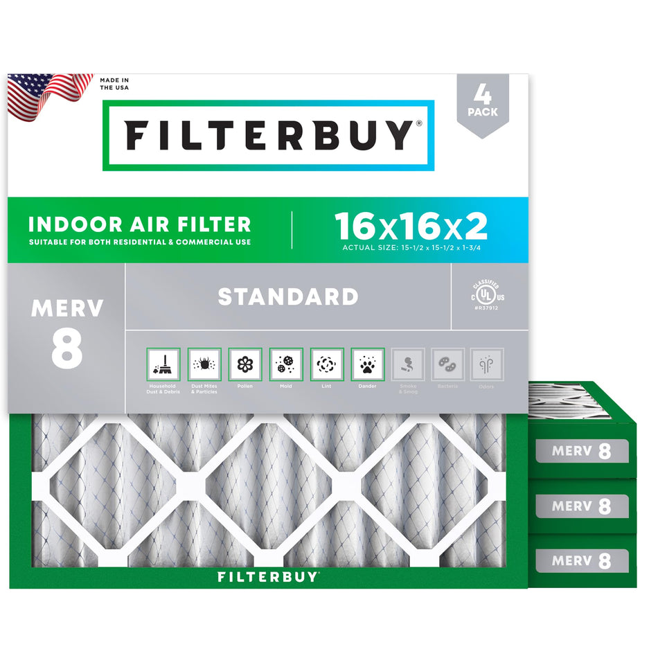 Filterbuy 16x25x1 Air Filter MERV 8 (MPR 700) Dust Defense Replacement (4-Pack), Electrostatic Pleated HVAC AC Furnace Filters, Made in USA (Actual Size: 15.50 x 24.50 x 0.75)